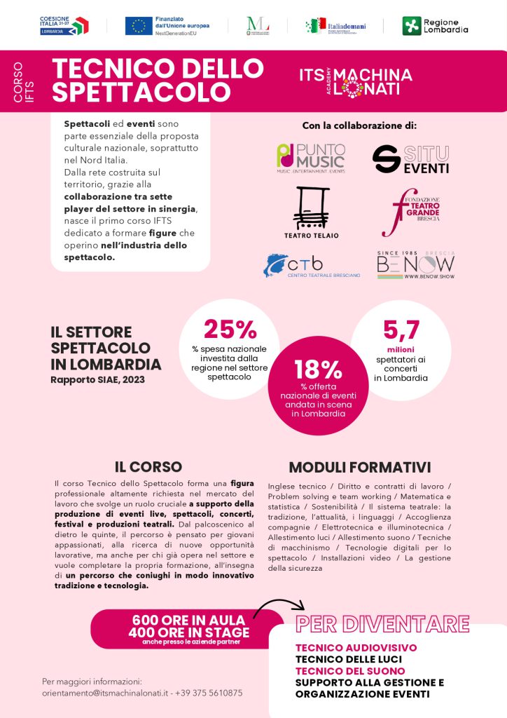Rinnovato anche per il 2026/27 il corso professionalizzante IFTS Tecnico dello spettacolo